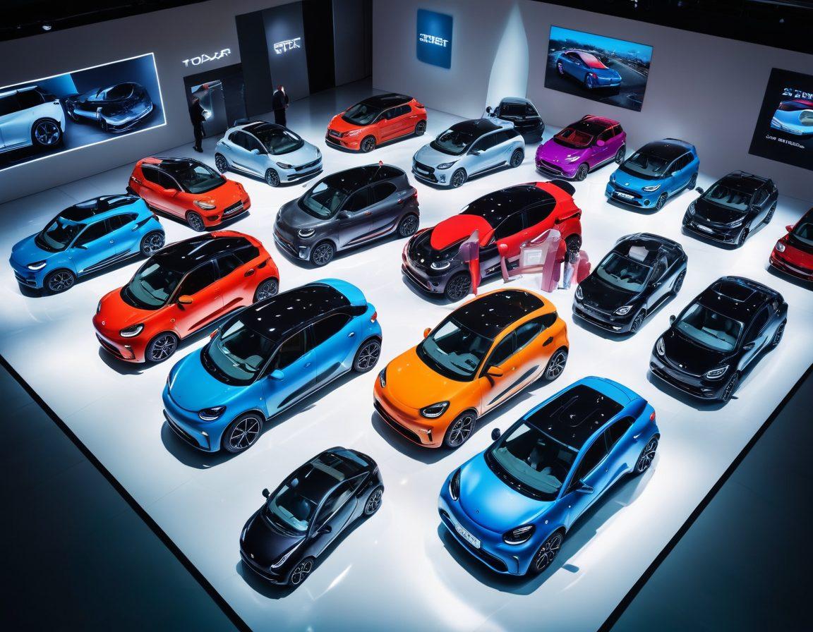 An aerial view of a diverse group of people examining various smart cars in a high-tech showroom, vibrant displays showcasing automotive features, a digital touchscreen with car specifications in focus, bright lighting highlighting sleek car designs, and a backdrop filled with automotive gadgets and tools representing expertise. super-realistic. vibrant colors. high-tech atmosphere.