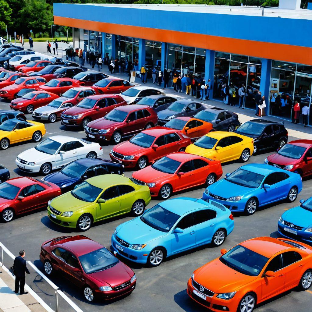 An engaging visual of a lively car marketplace filled with various new and pre-owned vehicles, showcasing a diverse group of potential buyers examining cars. Include bright banners with sales signs, a friendly salesperson providing insight, and a clear blue sky in the background. Illustrate a mix of sleek modern cars and classic models to highlight the variety. Reflect a bustling atmosphere with people interacting, ensuring the setting is inviting. vibrant colors. detailed illustration.
