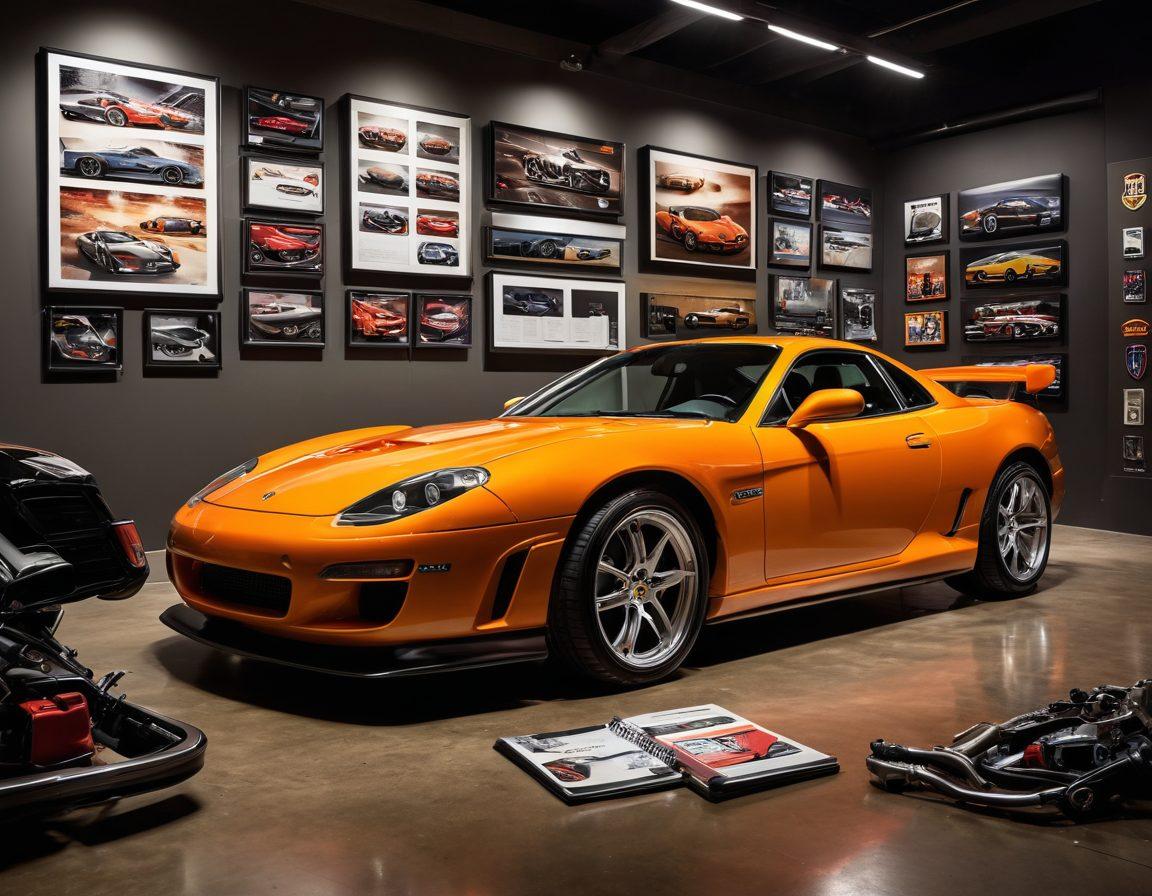A sleek, exotic sports car parked in a luxurious garage filled with tools and racing memorabilia, illuminated by dramatic lighting. Surrounding the car, there's an enthusiastic car lover examining the details of the engine with a notepad, showcasing the blend of passion and expertise. Visible in the background, a wall adorned with framed awards and magazine covers about cars. The overall tone is dynamic and inspiring, capturing the essence of car enthusiasm. super-realistic. vibrant colors.